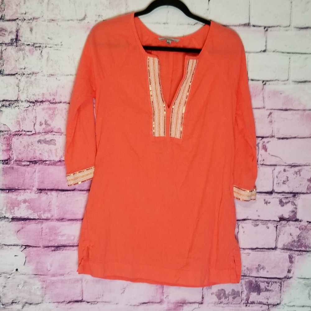 ATHLETA MARIANA TUNIC CORAL SUNSET SEQUIN NECKLINE LIGHTWEIGHT XS